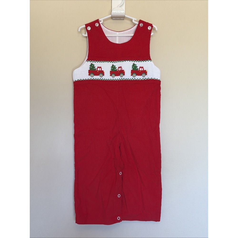 Stitchy Fish Boutique Holiday‎ Red Corduroy Smocked Christmas Tree Truck Romper